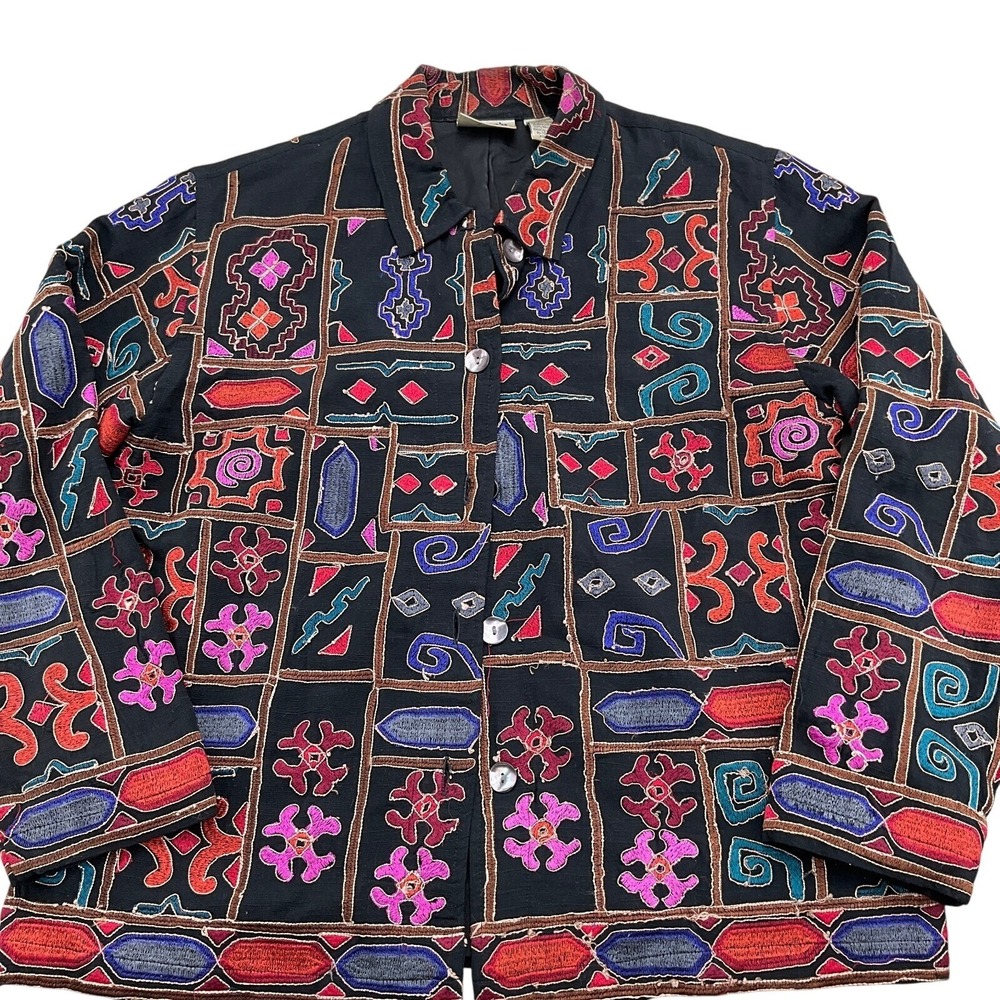 Chico's Design Jacket Womens 8 M Black Multi Embroidery Vivid Art to‎ Wear Boho